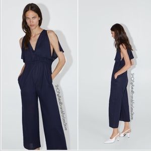 Zara Linen Jumpsuit Navy Blue Wide Leg Romper
